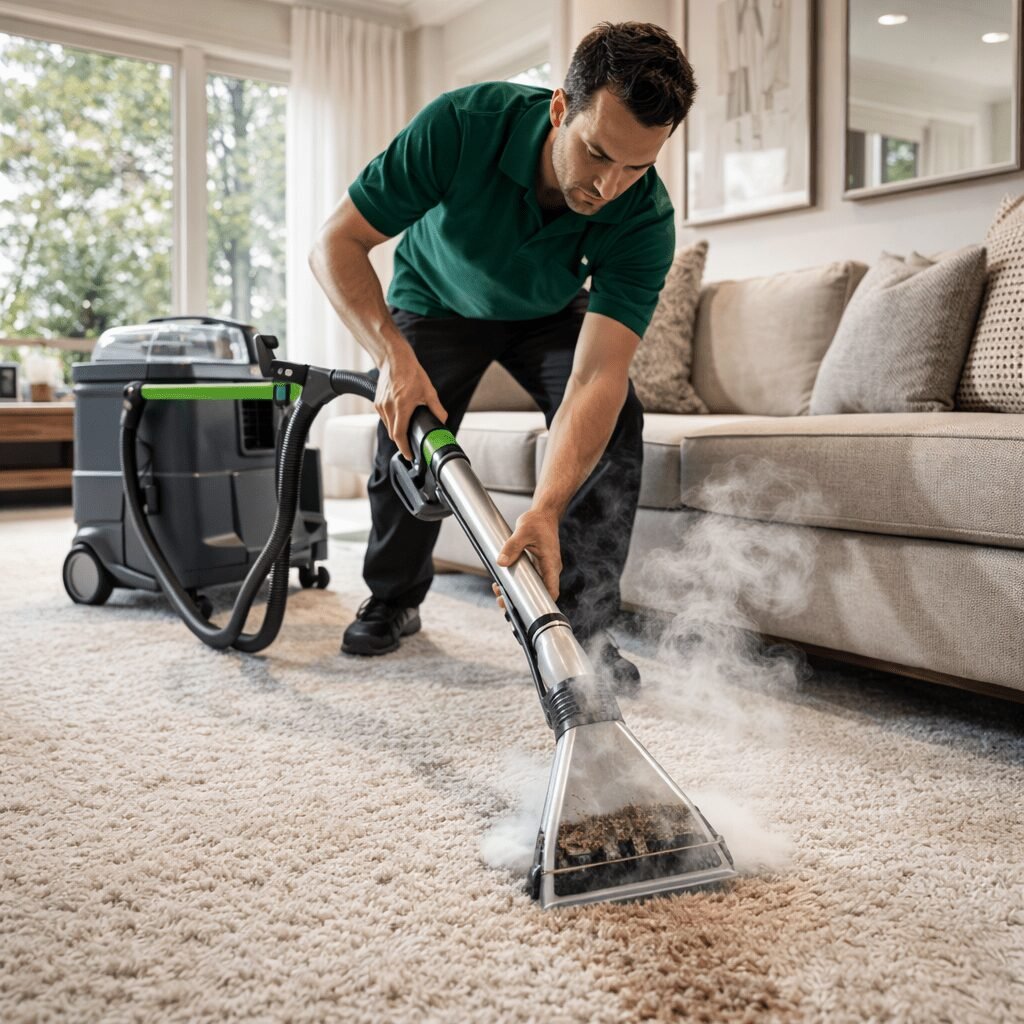 Our carpet cleaning services in Dubai: technician in green uniform deep cleaning a living room carpet with a hot water extraction machine
