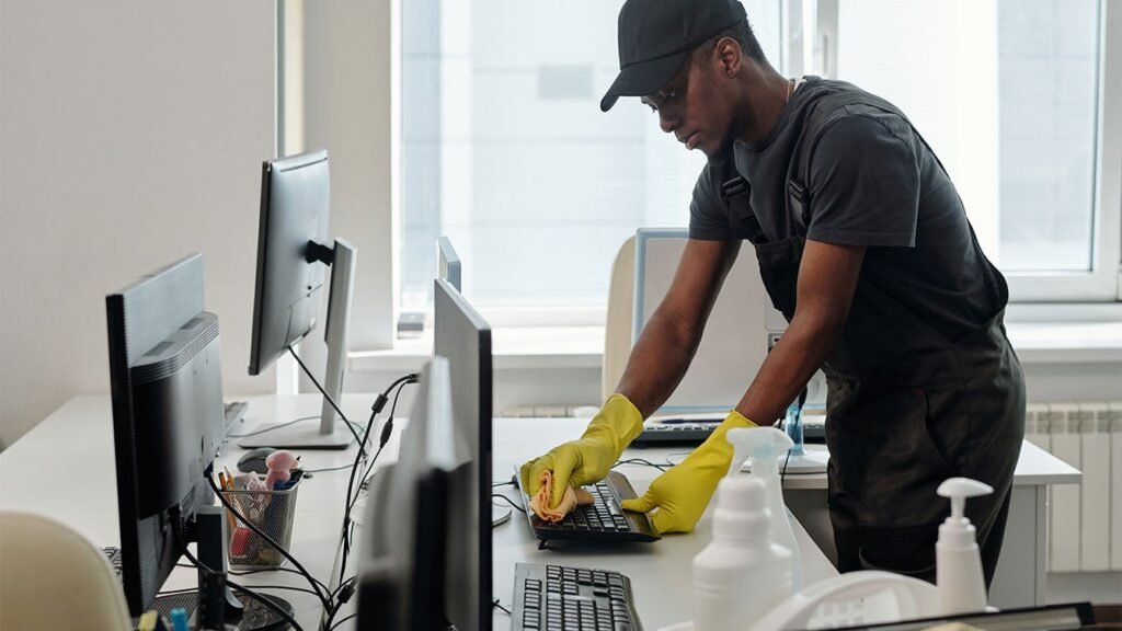 Professional office cleaning services Dubai - trained cleaner sanitising a corporate workspace