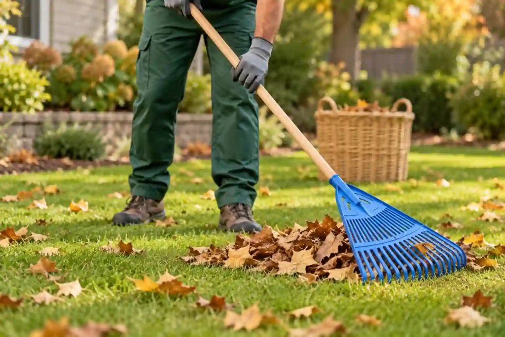 Garden cleaning and maintenance in Dubai – raking leaves from a villa lawn