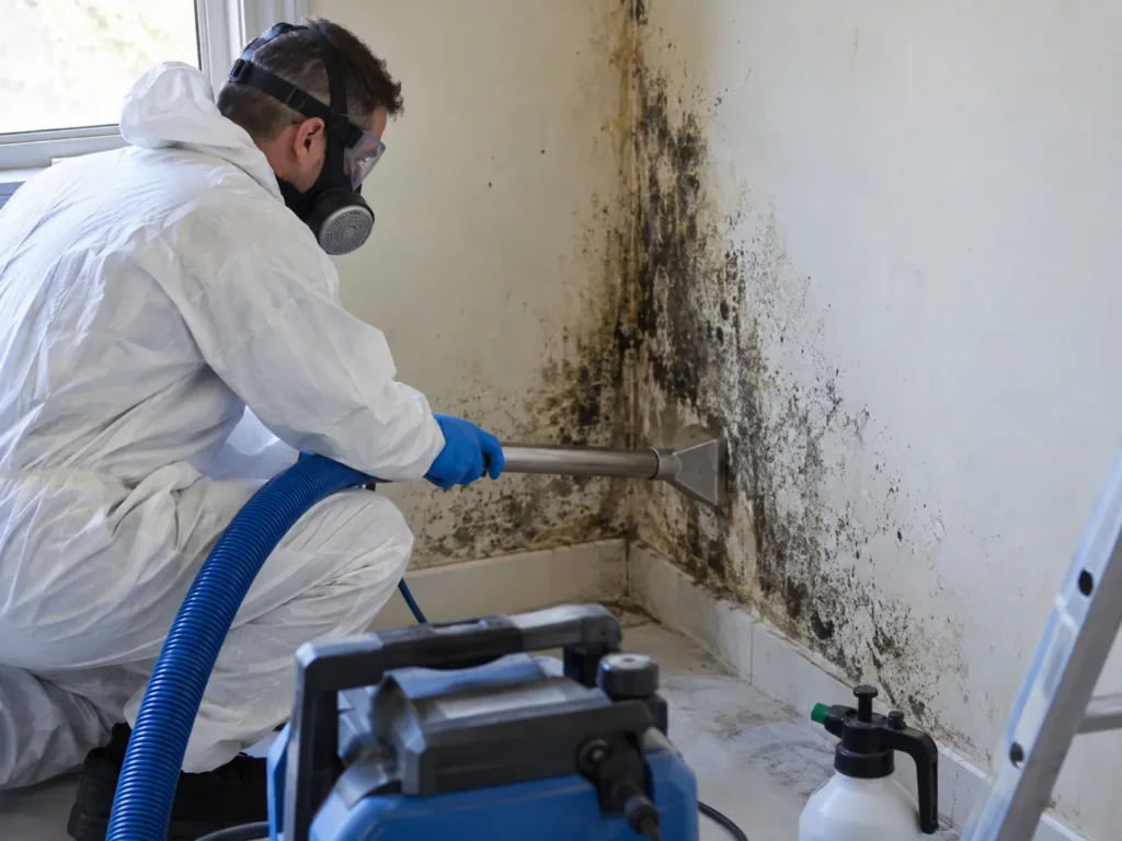 Mold cleaning in Dubai – technician removing black mold from a wall