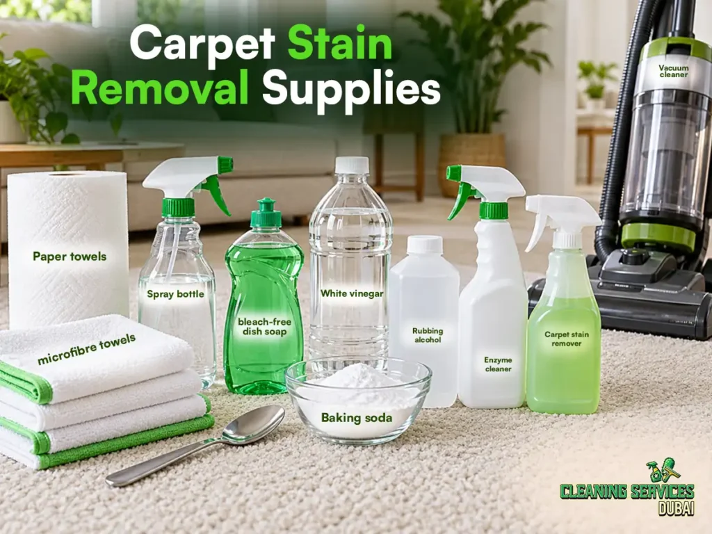 Carpet stain removal supplies: paper towels, microfibre towels, spray bottle, bleach-free dish soap, white vinegar, baking soda, rubbing alcohol, enzyme cleaner and carpet stain remover