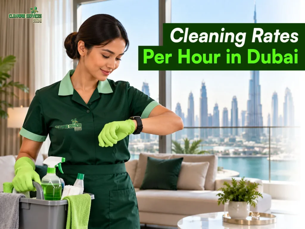 Cleaner checking a wristwatch while holding a cleaning caddy – cleaning rates per hour in Dubai