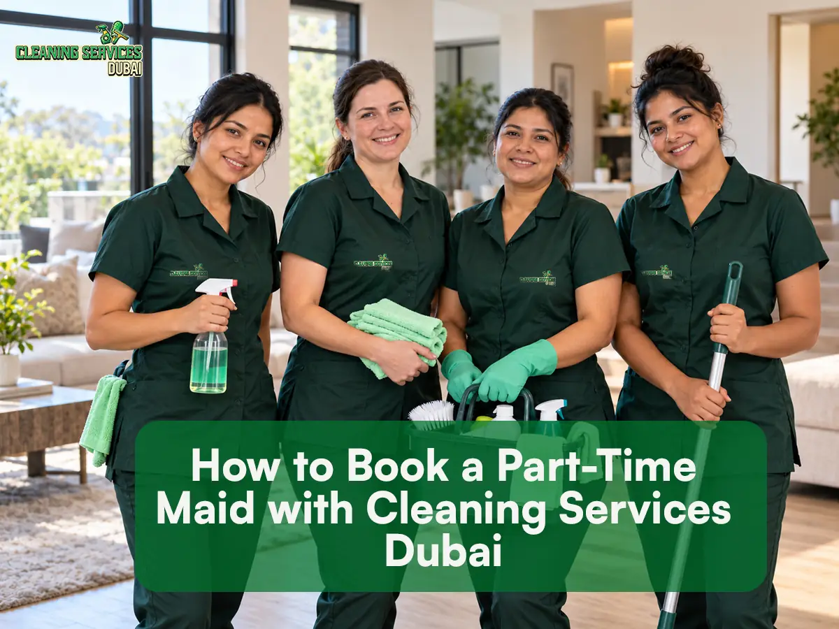 Uniformed maids holding cleaning supplies for part-time maid bookings with Cleaning Services Dubai