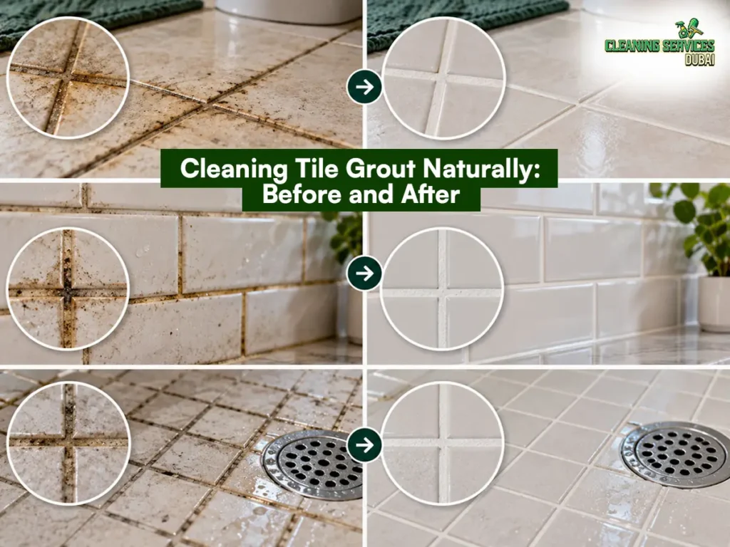 Cleaning tile grout naturally before and after: dirty brown grout lines on floor and wall tiles cleaned to bright white grout