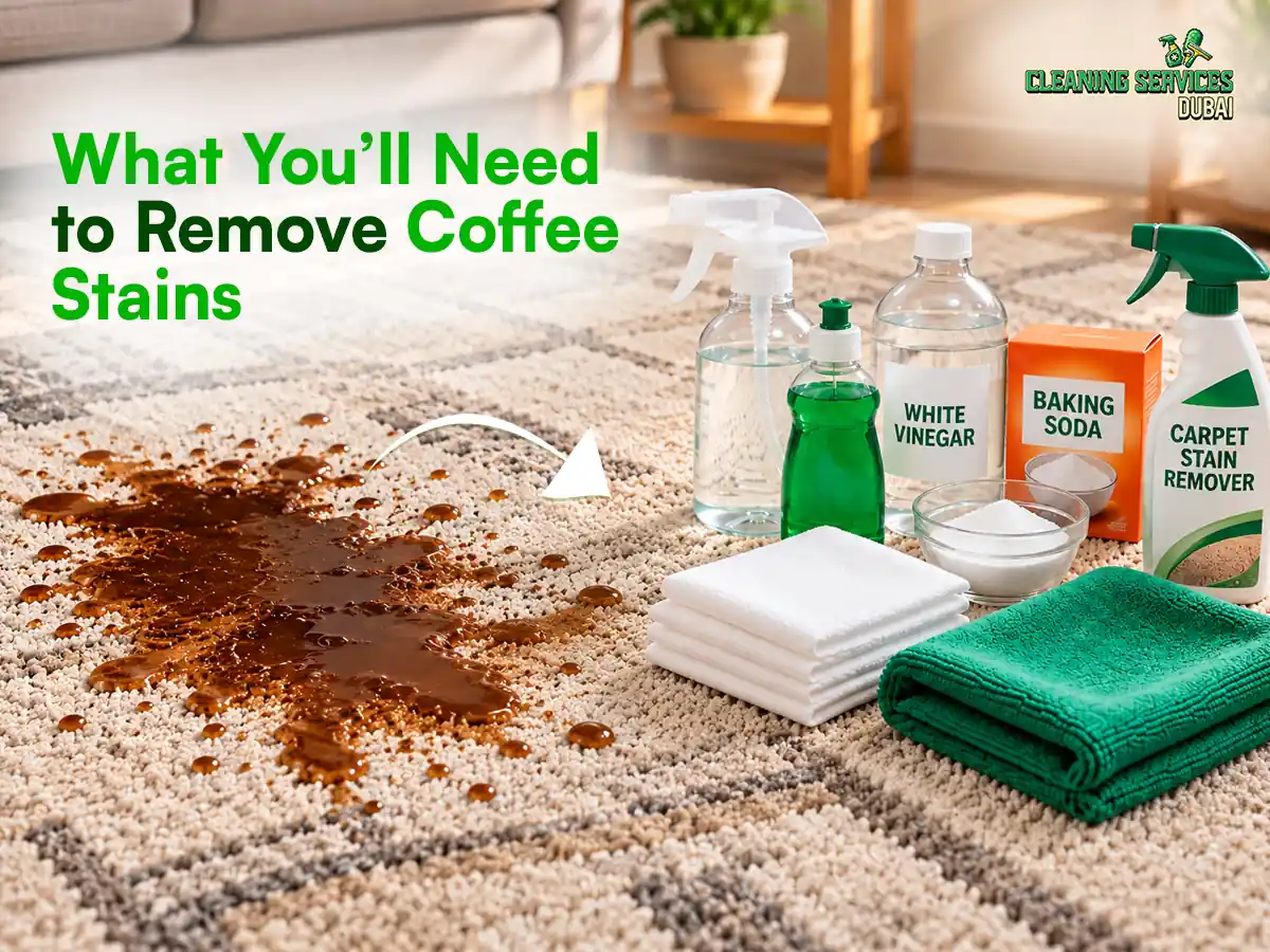 Coffee stain removal kit for carpet with white vinegar, baking soda, dish soap, carpet stain remover and white cloths beside a coffee spill