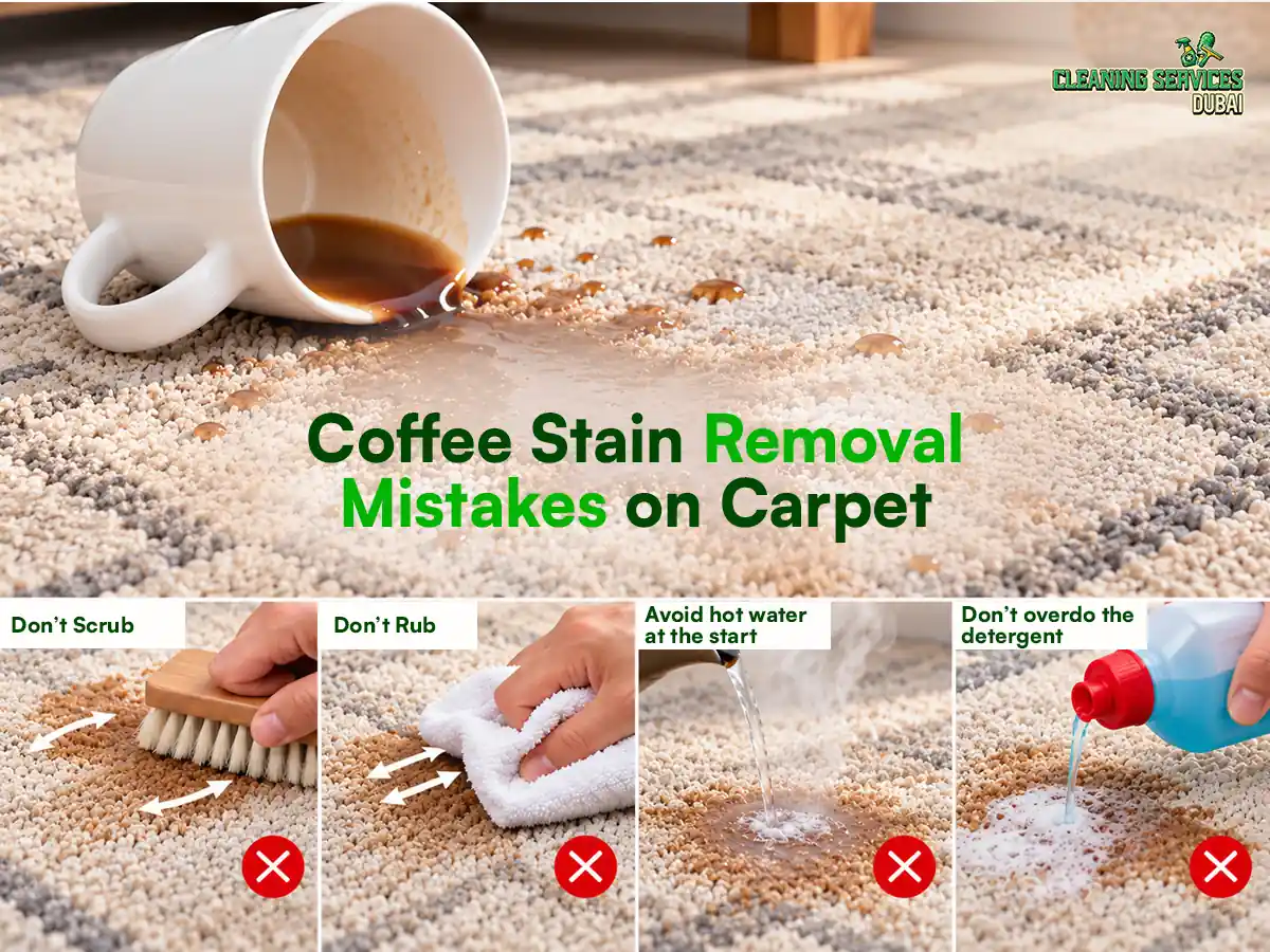 Coffee stain removal mistakes on carpet: scrubbing with a brush, rubbing with a towel, using hot water and too much detergent