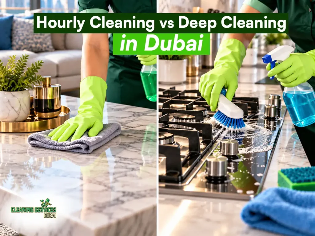 Hourly cleaning vs deep cleaning in Dubai – wiping a marble table compared with scrubbing a gas stove