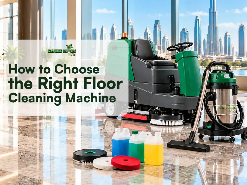 Choosing a floor cleaning machine – ride-on scrubber dryer, wet and dry vacuum, pads and cleaning solutions on a marble floor in Dubai