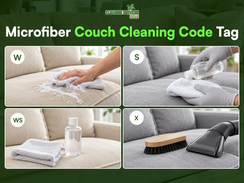Microfiber Couch Cleaning Code Tag Microfiber couch cleaning code tag guide: W for water-based cleaner, S for solvent cleaner, WS for either method and X for vacuum or brush only
