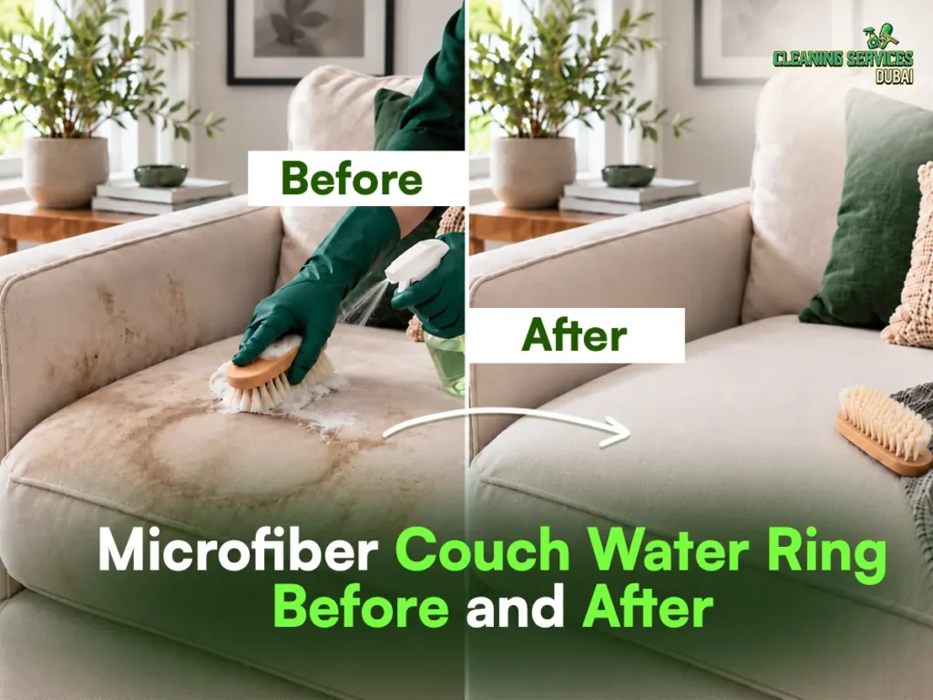 Microfiber Couch Water Ring Before and After Microfiber couch water ring before and after: a brown watermark on a cream cushion treated with a soft brush and spray, then left evenly clean