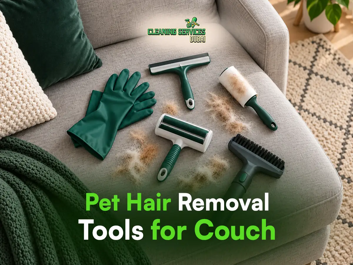 Pet hair removal tools for a couch: rubber gloves, a rubber squeegee, a lint roller, a reusable pet hair roller and an upholstery brush on a grey sofa