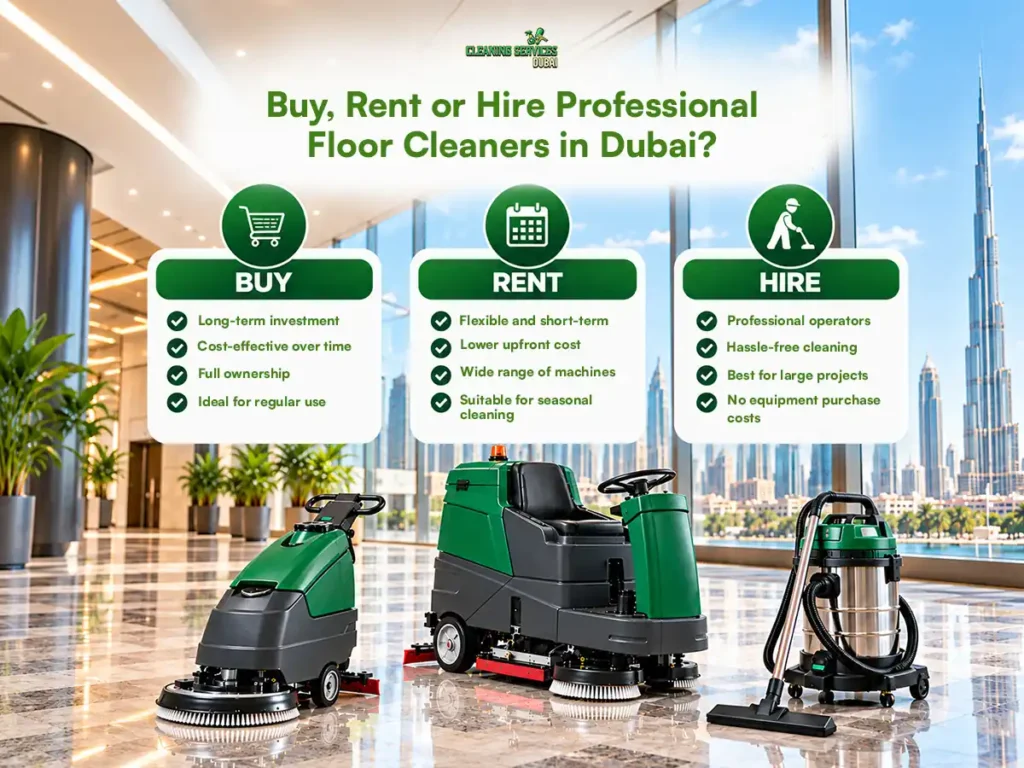 Buy, rent or hire floor cleaners in Dubai – comparison of buying, renting and hiring scrubber dryers and a wet and dry vacuum