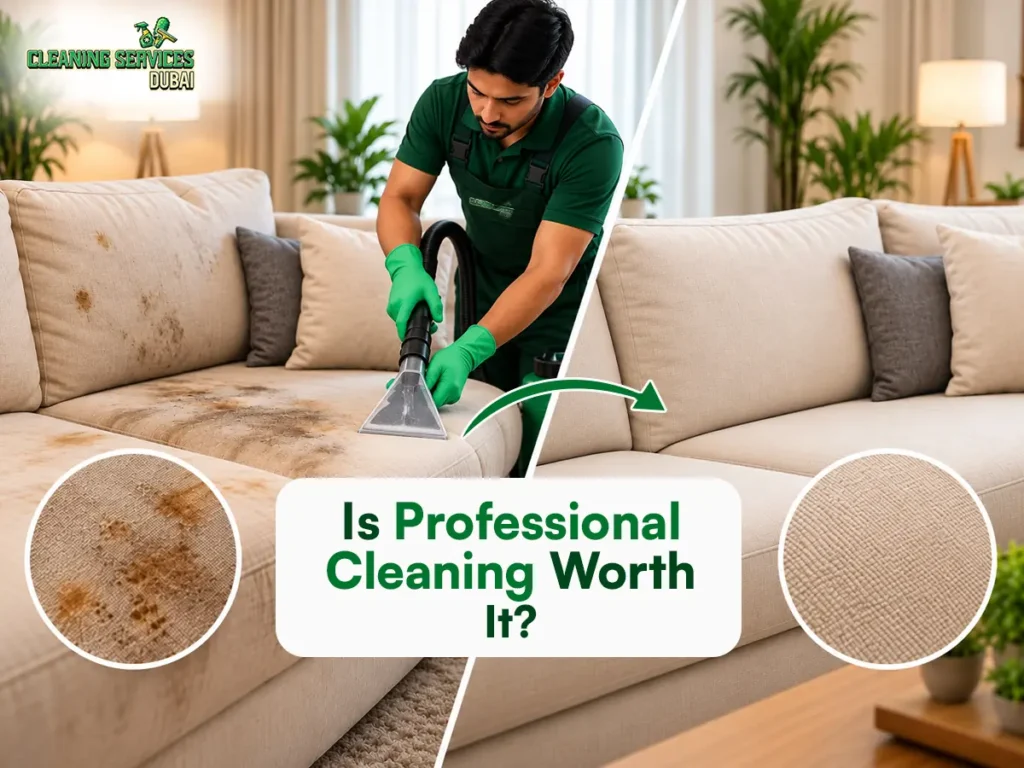 Professional sofa cleaning in Dubai – cleaner removing stains from a beige fabric sofa with an extraction machine, before and after