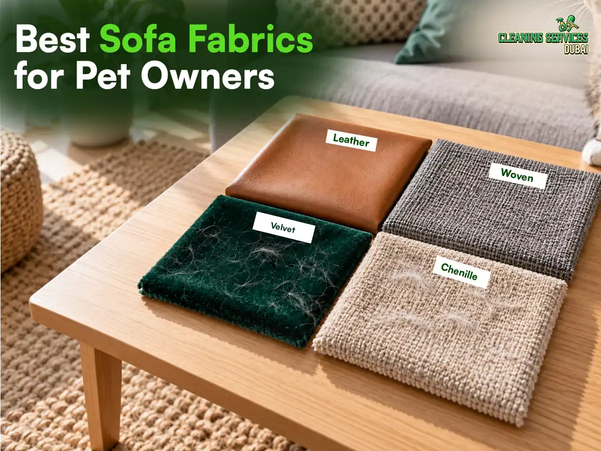 Best sofa fabrics for pet owners: leather and tightly woven fabric samples stay hair-free while velvet and chenille samples hold pet hair