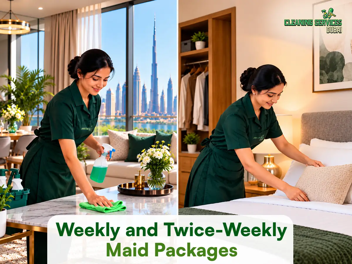 Maid wiping a living room table and making a bed during weekly and twice-weekly maid package visits in Dubai