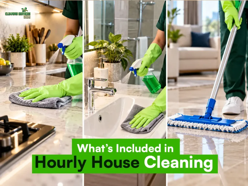 What’s included in hourly house cleaning – wiping a kitchen counter, cleaning a bathroom sink and mopping the floor
