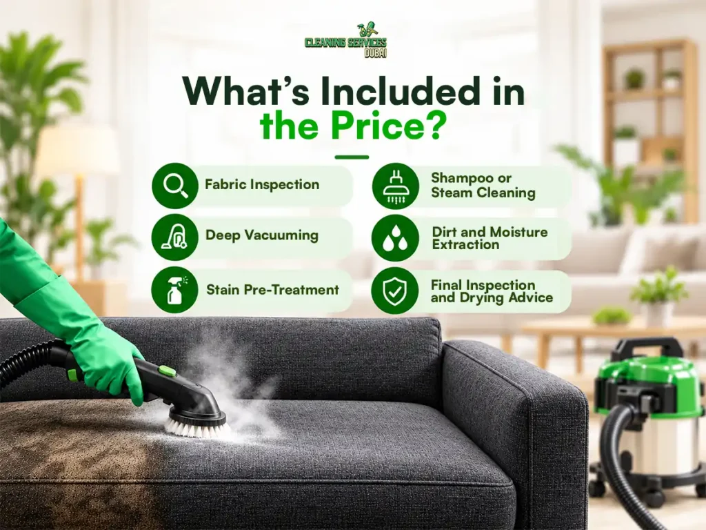 What’s included in the sofa cleaning price – fabric inspection, deep vacuuming, stain pre-treatment, shampoo or steam cleaning, extraction and drying advice